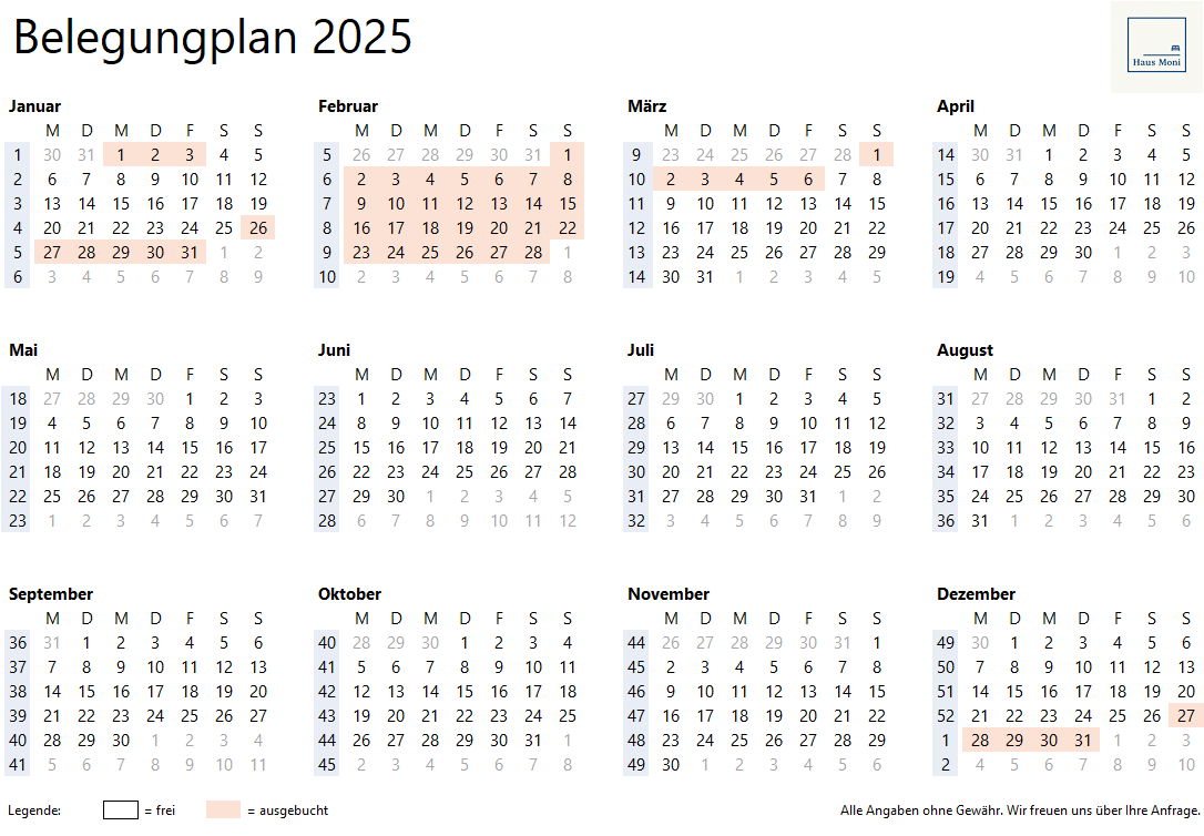 Belegungplan 2025_Ferienwohnung HausMoni
