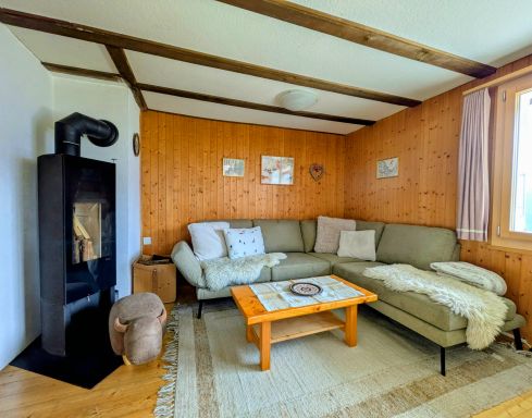 Unser gemütliches Wohnzimmer mit Sofa und Schwedenofen. 