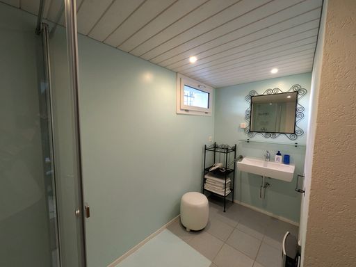Modernes Bad mit WC und Dusche.