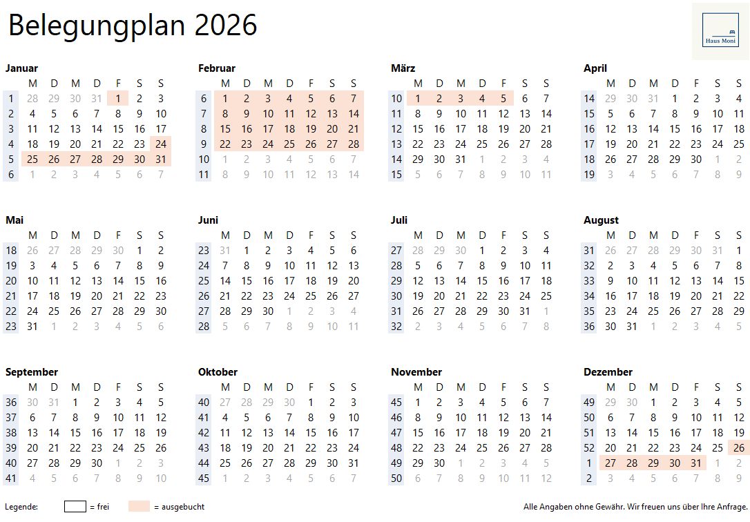 Belegungplan 2026_Ferienwohnung HausMoni