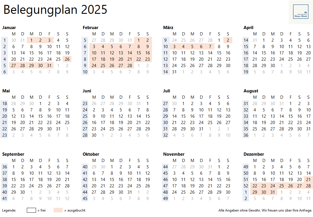 Belegungplan 2025_Ferienwohnung HausMoni